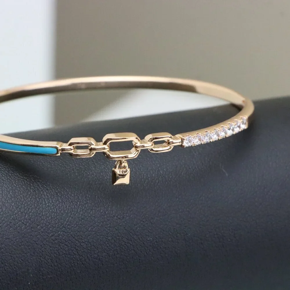 Chic Rose Gold Bangle with Lock Charm and Blue Enamel Accent, XPBL0432